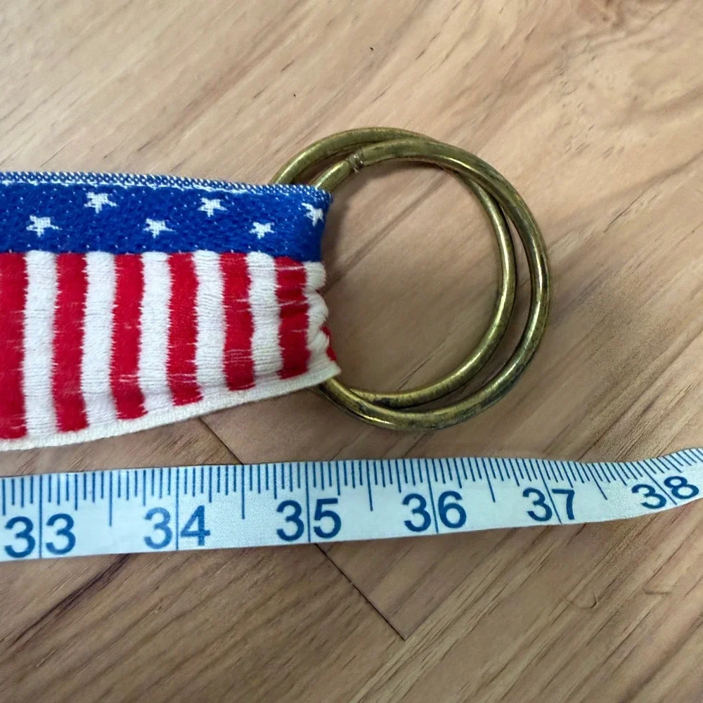 Red White Blue Patriotic Nautical Stars Stripes Fabric D-Ring Belt SZ Medium